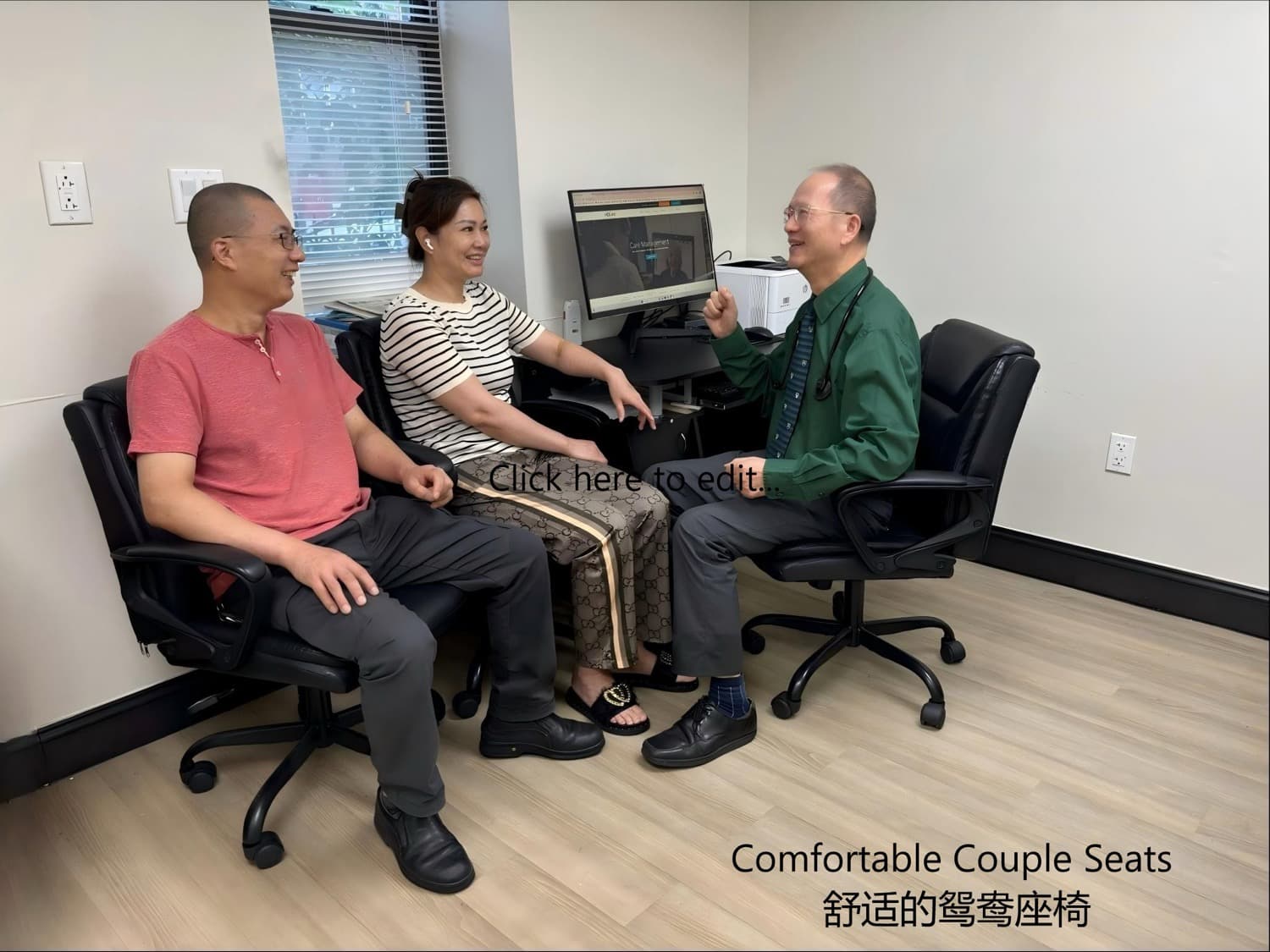 Dr. Lee consulting with a married couple seated together on paired seats